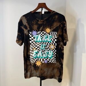 Custom Bleach Dye Acid Wash Graphic T-Shirt with 'Take It Easy' Print Grunge Tee